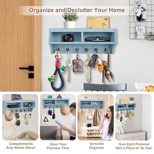 Key Holder Wall Mount with Mail Organizer, 6 Hooks & Shelf, Blue - color: Blue