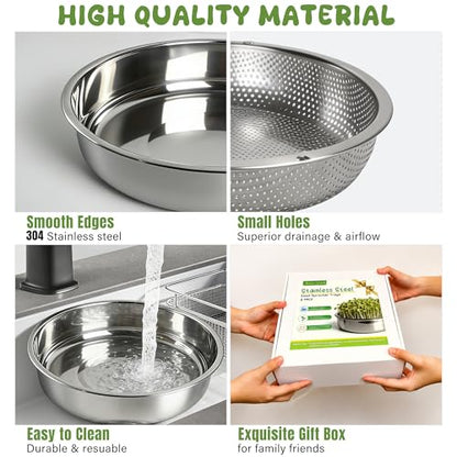 2 Pack 304 Stainless Steel Seed Sprouter Trays, 2-Tier Soil-Free Microgreens Growing Kit, Rust-Free Round Sprouting Tray with Mesh Pads for Sprouts Beans Alfalfa Wheatgrass