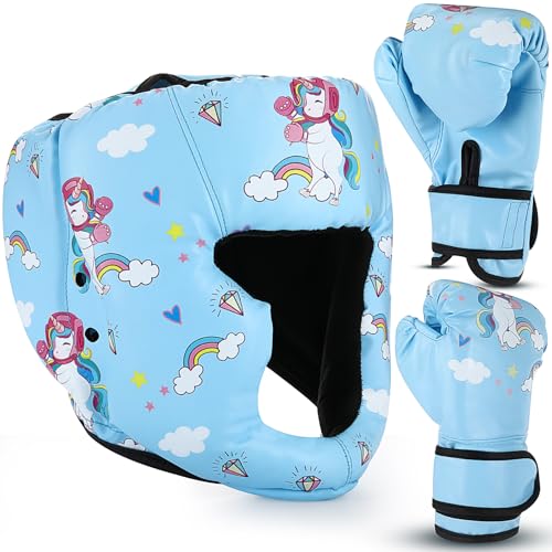 Arrowbash Kids Boxing Gloves and Headgear Set 6oz - color: Blue, style: Unicorn