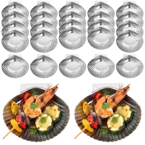 30 Pcs Stainless Steel Grillable Shells Reusable Oyster Shells Baking Dishes for Grilling, Broiling, and Serving Seafood Appetizers like Clams, Scallops, and Shrimp, 3.5 Inch Silver Platters