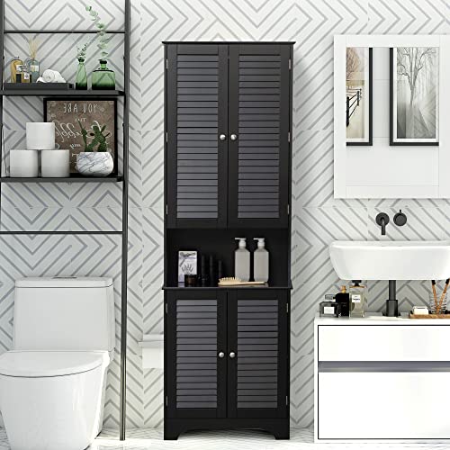 HOMCOM Tall Narrow Bathroom Storage Cabinet with Doors and Shelf Adjustability, Freestanding Linen Cabinet with 2 Cabinets and Countertop, Black