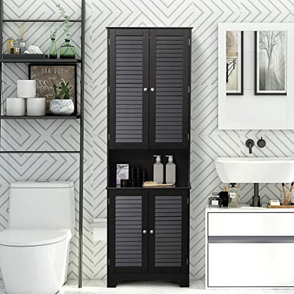 HOMCOM Tall Narrow Bathroom Storage Cabinet with Doors and Shelf Adjustability, Freestanding Linen Cabinet with 2 Cabinets and Countertop, Black