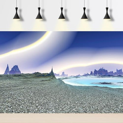 Fantasy Alien Planet Aquarium Background Outer Space Mountain Lake Sandbeach Fish Tank Background Abstract Polar Lights Reptile Tank Background Fantasy Alien Lake Rock Terrarium Backgrounds 48x20in - color: Grey_Blue, size: 48(W)x20(H)inches/ 120(W)*50cm(