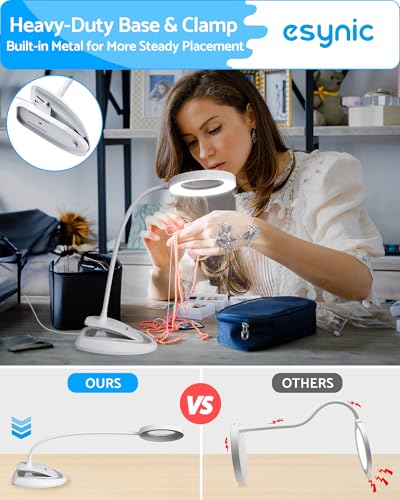 eSynic Desktop Magnifier with Light-40 LEDs- 5 Color Modes-10 Dimmable Brightness-Blue Light Blocking-5X & 10X Magnification-Flexible Gooseneck-Magnifying Lamp with Clamp & Base Stand– for Reading