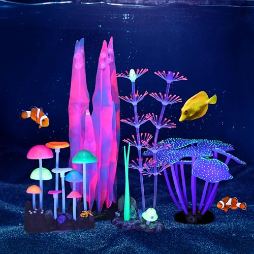 4 Pack Glow Aquarium Decorations Branch Coral Reef Mushroom Seaweed Simulation Glow Plant Glowing Effect Silicone for Fish Tank Decorations - color: 4 Pcs(branch Coral+coral+mushrooms+seaweed)