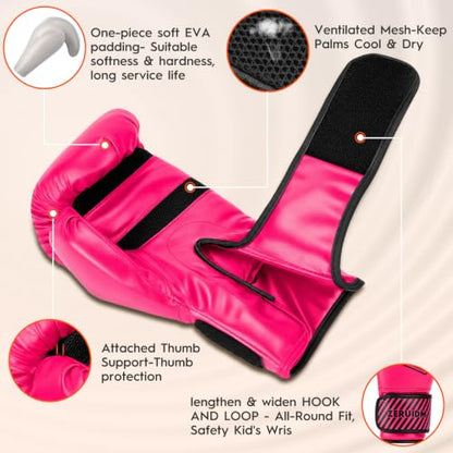 Kids Boxing Gloves 6 oz Youth Training Sparring Gloves for 3–12, Leather Ventilated Mesh, Boys Girls Junior Punching Gloves for PunchBag Focus Pads MMA Muay Thai Kickboxing - color: new pink