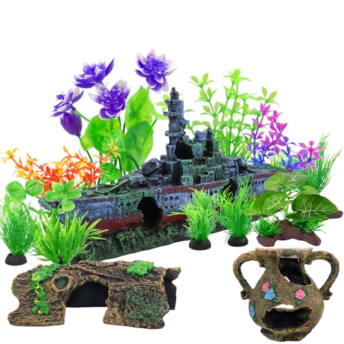 Aquarium Artificial Plastic Plants Decorations and Sunken Ship Set Goldfish 14 PCS Large Fish Tank Accessories Goldfish Betta Tank Decor