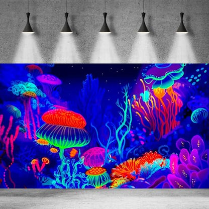 Underwater Scene Aquarium Background Cartoon Style Tropical Jellyfish Corals Terrarium Background Aquatic Life Deep Sea Ocean Marine Fish Tank Backdrop Poster Wallpaper Decorations Vinyl 30x12in