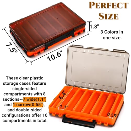 Noamus 3 Pack Double Sided Fishing Lure Boxes, 14 Compartments Fishing Tackle Organizer with 2 Buckle, Plastic Clear Storage Case, Visible Hard Bait Container for Jewelry Beads Earring Hook(3 Color)