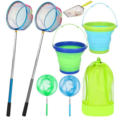 2 Pack Telescopic Kids Fishing Net with Handle, 2 Collapsible Bucket Sand Pail, Stainless Steel Foldable Fishing Net Small Fishing Butterfly Bug Net Beach Shovel with Storage Bag