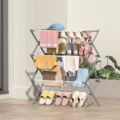 KINGBOARD 3-Tier Extendable Clothes Drying Rack, Foldable, White & Grey | 37.4"H x 33.8"W x 11.2"D, Space-Saving Collapsible, Easy Assembly, Rust-Resistant Iron Frame, Indoor Outdoor Use, 25lb - color: White&grey