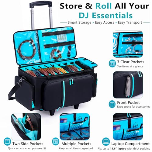 Rolling DJ Cable Bag with Wheels, DJ Equipment Bag with Laptop Compartment - color: Blue, size: With Wheels