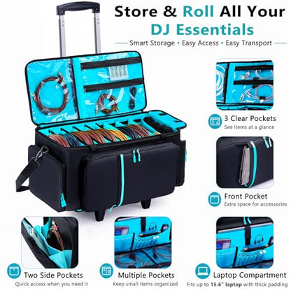 Rolling DJ Cable Bag with Wheels, DJ Equipment Bag with Laptop Compartment - color: Blue, size: With Wheels