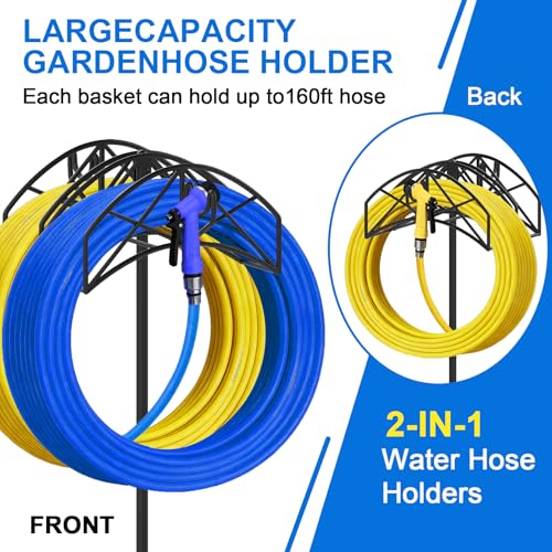 Garden Hose Holder Heavy Duty Water Hose Holder Holds 160 FT * 2 Hoses 4 Spikes Hose Reel Freestanding Hose Hanger Sturdy Hose Storage Stand with 90°Rotatable Hook for Outside Yard Lawn