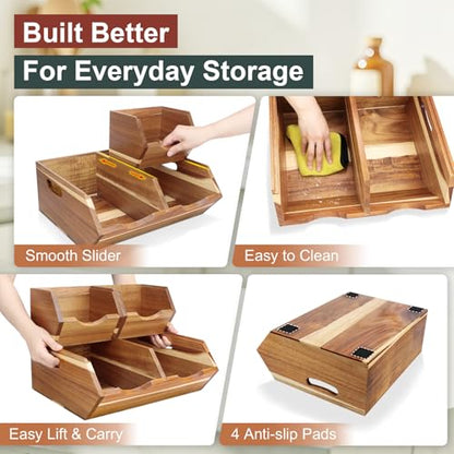 Acacia Wood Pantry Storage Bins, Stackable Potato and Onion Storage Bins for Kitchen Countertop, Set of 3 Wooden Pantry Organizer Baskets for Fruit, Vegetable, Snack