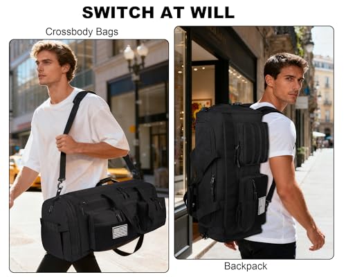 LHI 50L Tactical Duffle Bag for Men, 3-in-1 Gym Duffle and Backpack, Shoe Compartment, Laptop Sleeve and MOLLE, Carry-On Travel Weekender and Overnight Bag – Black - color: Black
