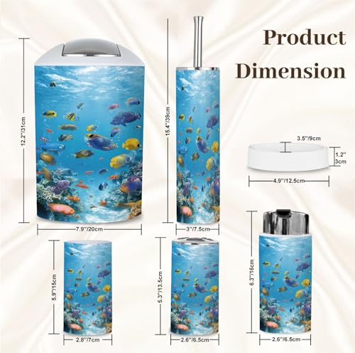 Bathroom Accessory Set 6 Piece Fish Snorkeling Sea Bahamas Underwater Hawaii Islands Aquarium Fishing Trash can, Toothbrush Holder, Toothbrush Cup, Soap Dispenser, Soap Dish, Toilet Brush Holder - color: Color1