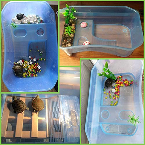 Plastic Turtle Tank Reptile Habitat Pet Terrariums Turtles Tank Aquarium Terrapin Topper Basking with Platform Plants,Durable,Safe, Non-Toxic(Blue) - color: Blue