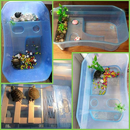 Plastic Turtle Tank Reptile Habitat Pet Terrariums Turtles Tank Aquarium Terrapin Topper Basking with Platform Plants,Durable,Safe, Non-Toxic(Blue) - color: Blue