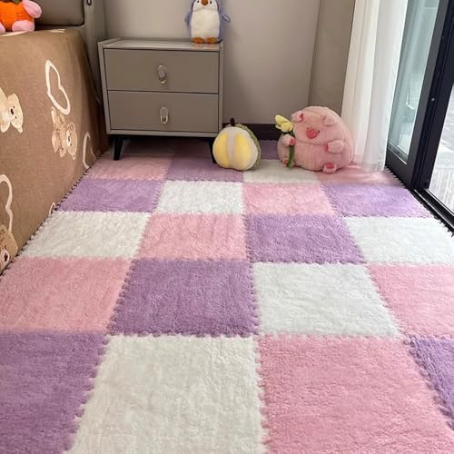 12pcs Plush Puzzle Foam Floor Mat (Pink&White&Light Purple) - color: Pink&white&light Purple