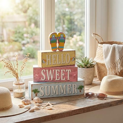 4 Pcs Summer Flip Flop Wooden Table Decorations Hello Summer Centerpiece Tiered Tray Decor Beach Farmhouse Blocks Table Top Sign for Home - style: Summer