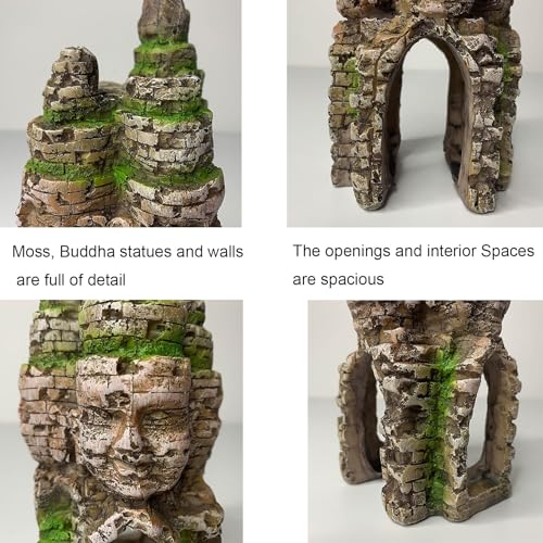 Aquarium Buddha Statue Decorations Fish Tank Resin Buddha for Four Faces Ornament with Caves Hole for Betta Fish Hideout Swim Through