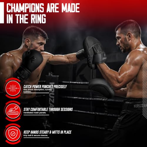 Kruzak Matte Black Boxing Gloves and Pads, Boxing Gloves Training Set for Kickboxing and Muay Thai MMA Training - Boxing Kit for Adults with Punching Pads for Martial Arts and Karate - size: 14 oz