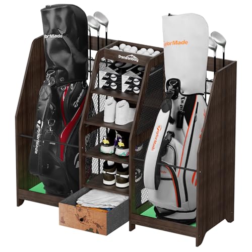 Golf Bag Storage Organizer Holds 2 Golf Bags for Garage - Wooden Rack - color: Black
