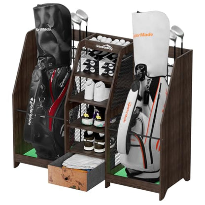 Golf Bag Storage Organizer Holds 2 Golf Bags for Garage - Wooden Rack - color: Black