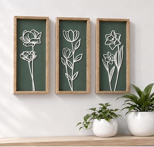 3D Floral Green Wall Art (Set of 3) Lightweight, Wooden Ready-to-Hang Boho Framed Wall Art for Bathroom, Master Bedroom, Living Room or Office - Premium Sage Green Farmhouse Decor - Gift-Boxed - color: Botanic Green, size: 7" x 16"