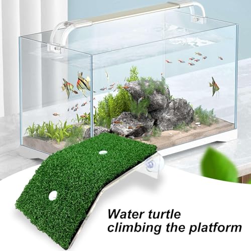 Turtle Basking Ramp - Amphibian Rest Dock, Aquarium Use Floating Reptile Climb Structure | Grass-Covered Habitat Shelf Accessory, Terrarium Step Feature for Small Water Creatures - color: Green