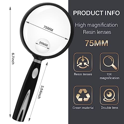 Handheld Reading Magnifier, 10X Magnifier, 75mm Shatterproof Lens, Non-Slip Handle for Adults Close Work, Seniors Reading and Nature Exploration, Hobby Observation(Silver)