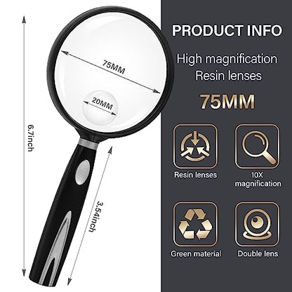 Handheld Reading Magnifier, 10X Magnifier, 75mm Shatterproof Lens, Non-Slip Handle for Adults Close Work, Seniors Reading and Nature Exploration, Hobby Observation(Silver)