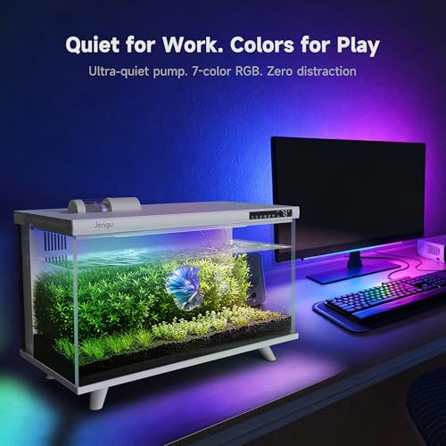M1 5 Gallon Aquarium Starter Kit, App Control Smart Fish Tank with Filter, Auto Feeder, Quiet Pump, Timer Light, Temp Display, Crystal-Clear Glass Desktop Betta Tank for Guppy Shrimp, White