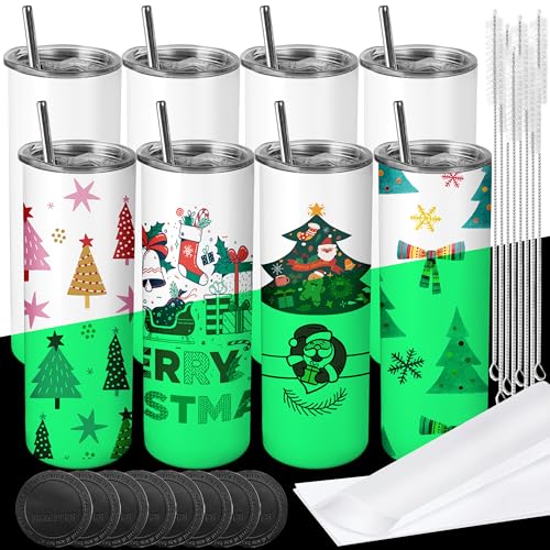 Joyclub 8 Pack Sublimation Tumblers Glow in the Dark 20 oz Bulk Blank Tumblers Skinny Straight Flat Bottom Cups White with Lid and Straw - color: White 8 Pack green glow
