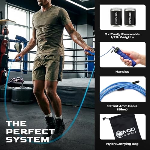 WOD Nation Weight Jump Rope for Men & Women, 1LB Adjustable Heavy Speed Rope with Removable Handle Weights, Dual Cables for Cross Training, Cardio, Home Workouts Adult Fitness Jump Rope - color: Blue