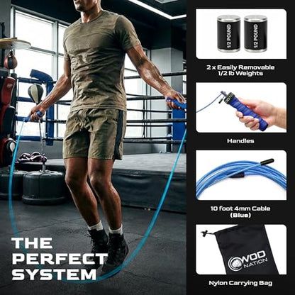 WOD Nation Weight Jump Rope for Men & Women, 1LB Adjustable Heavy Speed Rope with Removable Handle Weights, Dual Cables for Cross Training, Cardio, Home Workouts Adult Fitness Jump Rope - color: Blue
