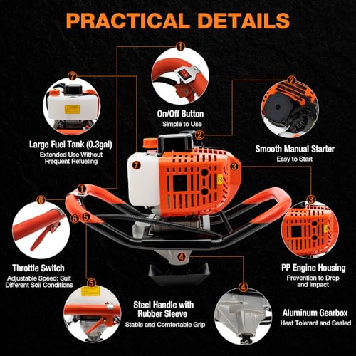52Cc Auger Post Hole Digger,2-Stroke Petrol Gas Powered Earth Digger Earth Auger with 3 Digging Machine Drill Bits 4" 6" 8" and 3 Extension Rods for Tree Planting Holes,Fence Stakes,Greenhouse Stakes