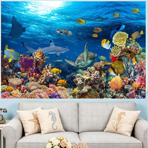 Yeele 10x7ft Deep Sea Animal Backdrop Underwater Ocean Animals Tropical Fishes Turtle Coral Reef Background Under The Sea Mermaid Birthday Party Decor Aquarium Photo Background