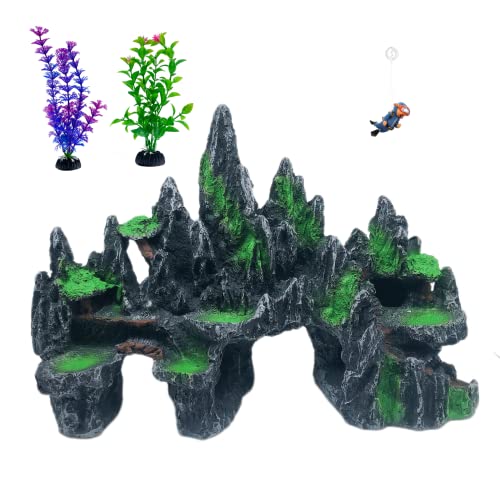 Extra Large Aquarium Decorations - Big Mountain View Ornaments, Come with 1 Little Diver and 2X 4inch Aquarium Plastic Plants