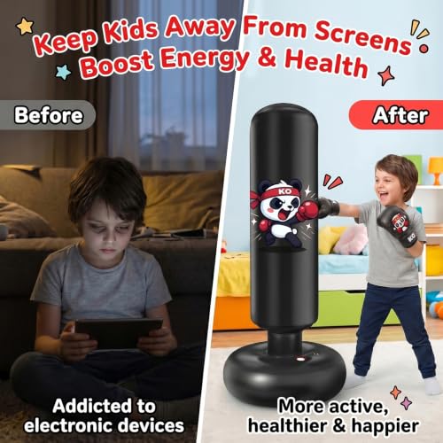 Qoosea Pedestal Punching Bags for Kids, 52in Kids Boxing Bag with Gloves - color: Black