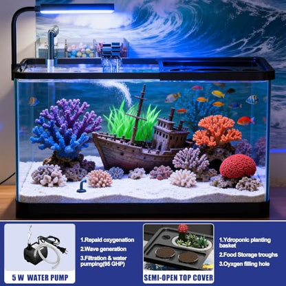 5 Gallon Fish Tank, Aquarium Plastic Starter Kit with Filter, led Light, sponge, and filter ball, Fish Tank for Betta, Plastic Nano Aquarium with Lid(18.5*7.87*8.07 inch / Black) (5 Gallon Fish Tank)