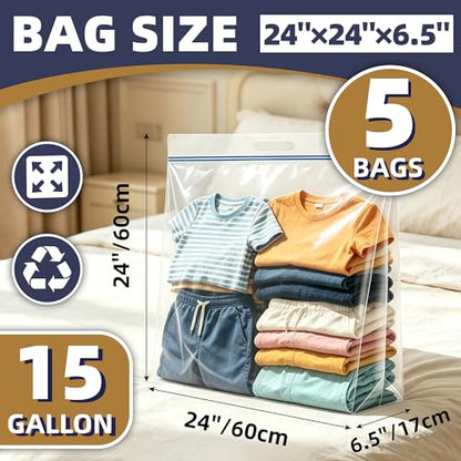 Heavy Duty 15 Gallon Clear Zipper Bags with Handles, 3.5 Mil Thick 24x24 Inch Storage Bags 5 Pack for Moving, Home and Travel Use - size: 5 Large