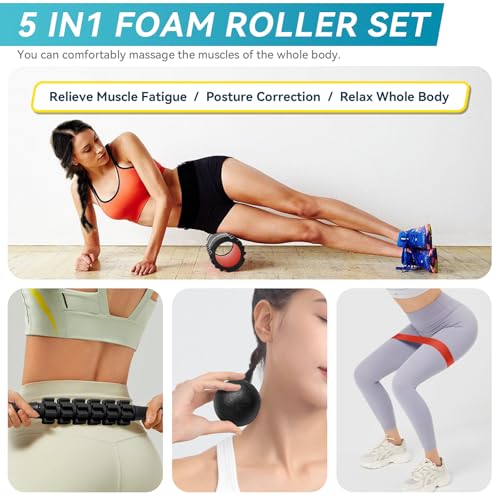 Krightlink 5-in-1 Foam Roller Set High Density Deep Tissue Muscle Massage | Muscle Recovery Kit Exercise Roller, Massage Ball, Resistance Band & Carry Bag for Physical Therapy & Pain Relief Black - color: Pure Black