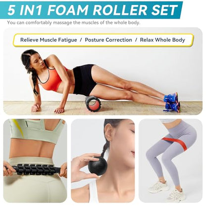 Krightlink 5-in-1 Foam Roller Set High Density Deep Tissue Muscle Massage | Muscle Recovery Kit Exercise Roller, Massage Ball, Resistance Band & Carry Bag for Physical Therapy & Pain Relief Black - color: Pure Black