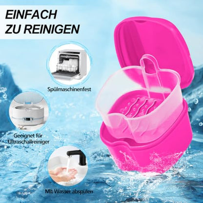 Denture Cup Retainer Cleaning Case False Teeth Soaking Container with 2 Brushes, Dental Retainer Cup Holder Case Denture Soaking Storage Box Case - White & Rose Red - color: White & Rose Red