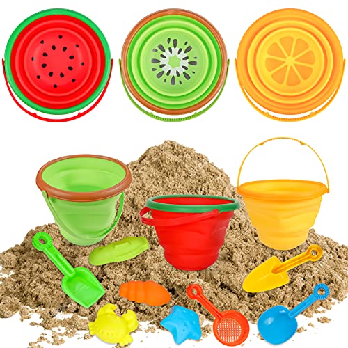 Beach Sand Toys Set for Kids, Silicone Collapsible Foldable Beach Bucket Travel Beach Toys for Summer Outdoor Camping and Fishing Tub with Sand Molds Shovels Rakes for Toddlers Boys Girls 2.5L 3PCS