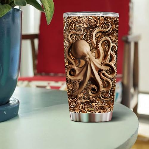 Personalized Octopus Gifts for Women Men Wood Drawing Custom Name 20oz Insulated Stainless Steel Tumbler with Lid Travel Cup Coffee Mug Gift for Daughter Son