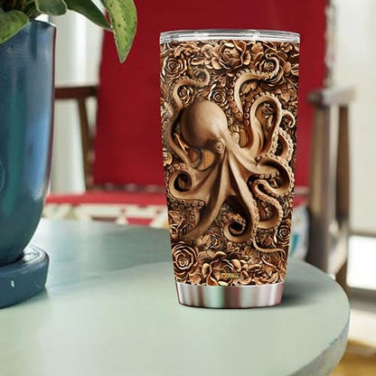 Personalized Octopus Gifts for Women Men Wood Drawing Custom Name 20oz Insulated Stainless Steel Tumbler with Lid Travel Cup Coffee Mug Gift for Daughter Son