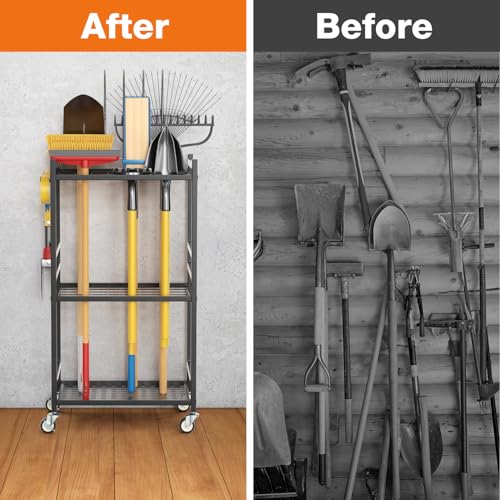 Garden Tool Organizer with Wheels, Heavy-Duty Yard Tool Rack with 3 Side Hooks, Holds Up to 40 Long-Handled Tools, Metal Garage Tool Storage for Lawn & Outdoor Organization